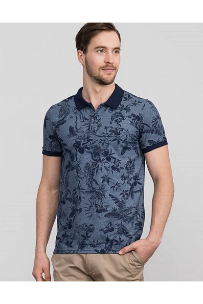 Tudors Erkek Mavi Slim Fit Polo Yaka Cicek Desenli T Shirt Trendyol