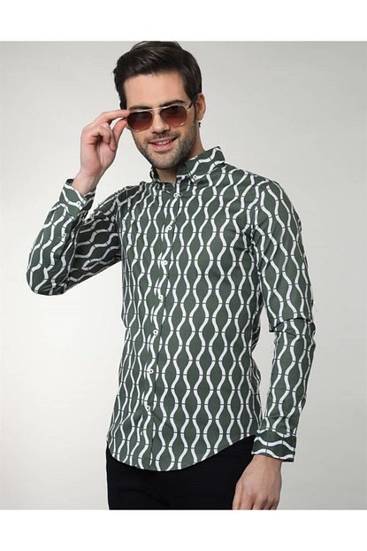 Tudors Erkek Yesil Slim Fit Desenli Likrali Gomlek Trendyol