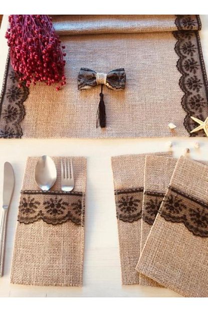 Karamelhome Siyah Dantelli El Yapimi Jut Kumas Runner Ve 6 Li Kasiklik Takimi Trendyol
