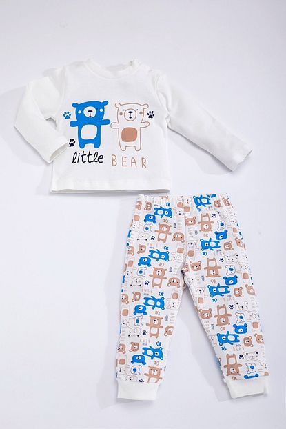 Luggi Erkek Bebek Beyaz Mavi Pamuklu Ayili Uzun Kollu Pijama Takimi 4302 Trendyol
