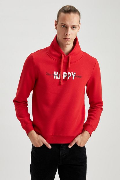 Defacto Erkek Kirmizi Baskili Sal Yaka Slim Fit Sweatshirt Trendyol