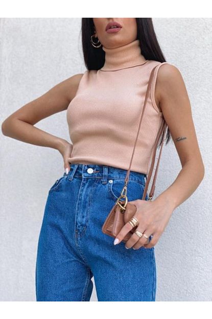 Purpuravioleta Kadin Kahverengi Sifir Kol Bogazli Triko Crop Trendyol