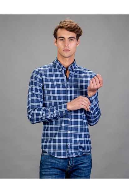 Tudors Erkek Mavi Slim Fit Kareli Gomlek Trendyol