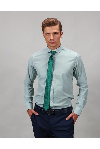 Tudors Erkek Yesil Slim Fit Cizgili Spor Gomlek Trendyol