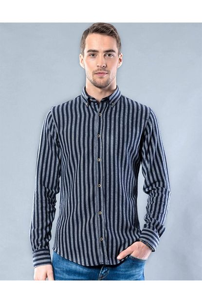Tudors Erkek Lacivert Slim Fit Cizgili Gomlek Trendyol