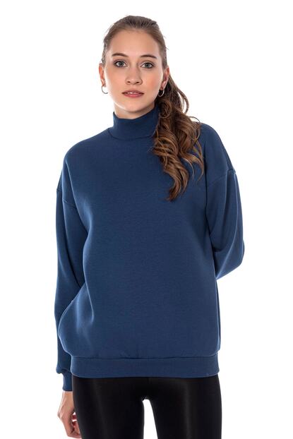 Caya Kadin Indigo Mavi Renk Dik Yaka Basic Orme Sweatshirt Cy84198 Trendyol