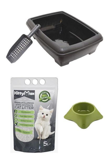 Mamazade Gri Acik Kedi Tuvaleti Mama Kabi Kum Ve Kurek Seti Trendyol
