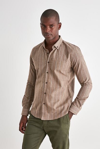 Trendyol Man Bej Erkek Cizgili Gomlek Yaka Slim Fit Gomlek Tmnaw21go0925 Trendyol