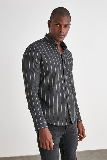 Trendyol Man Siyah Erkek Cizgili Gomlek Yaka Slim Fit Gomlek Tmnaw21go0925 Trendyol