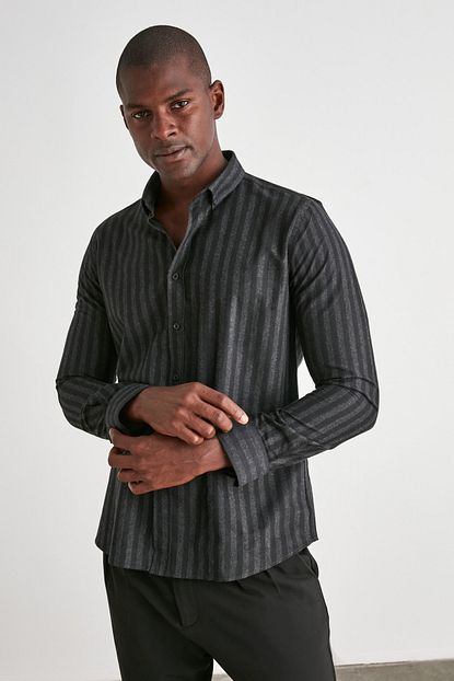 Trendyol Man Antrasit Erkek Cizgili Gomlek Yaka Slim Fit Gomlek Tmnaw21go0923 Trendyol