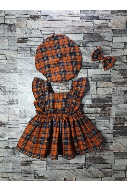 Moda Lina Kiz Cocuk Bordo Ekose Salopet Ressam Sapkasi Toka Set Trendyol