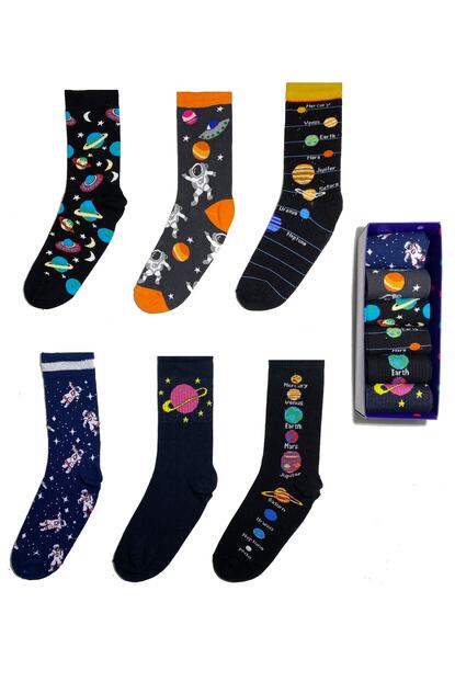 Socks Fabrikasi Uzay Temali Renkli Desenli Corap Kutusu 6 Li Trendyol