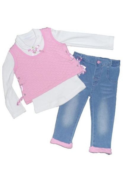 Necix Kislik Uzun Kol Gullu Sweatshirt Pembe Suveter Ve Kot Pantolon 3 Lu Kiz Cocuk Takim Trendyol