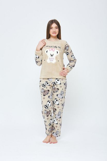 Estiva Kadin Welsoft Ayicikli Pijama Takimi Bej Trendyol