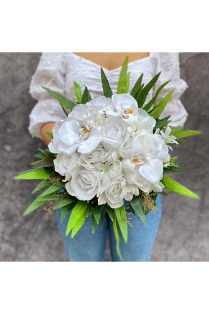 Derin Flowers Beyaz Gul Beyaz Orkide Yapay Gelin Buketi Trendyol