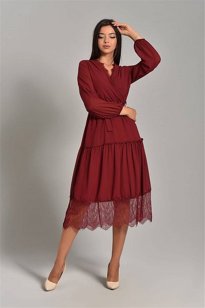 Modakapimda Kadin Bordo Etek Ucu Tul Midi Boy Sifon Elbise 2190mksp Trendyol