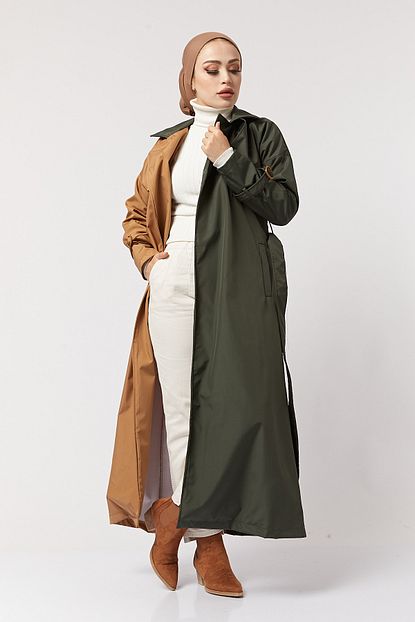 Festmoda Kadin Koyu Haki Cift Renk Cepli Trenckot Trendyol