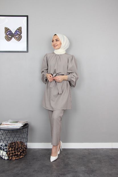 https www trendyol com esvet kadin camel tesettur balon kol ikili takim kucuk kazayagi desenli kusak detayli p 56146310