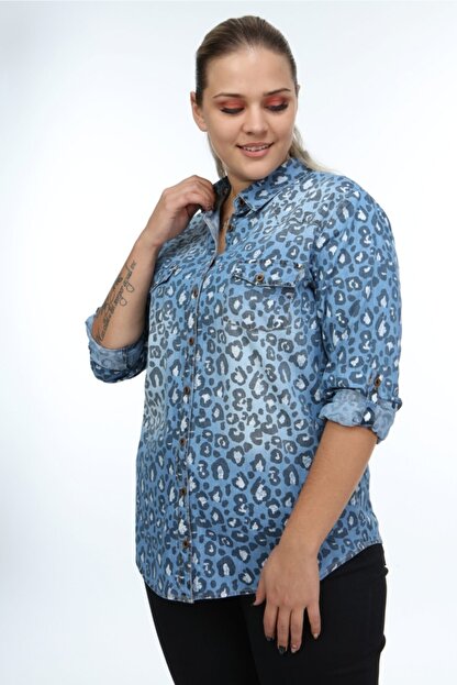Lilas Xxl Kadin Mavi Leopar Desenli Uzun Kollu Buyuk Beden Kot Gomlek Fiyati Yorumlari Trendyol