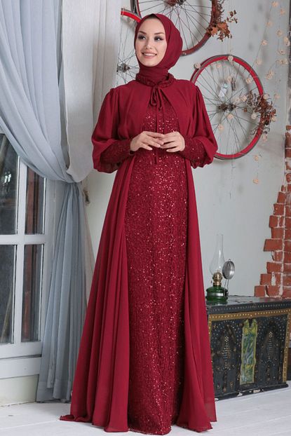 Neva Style Kadin Kirmizi Pelerinli Pul Payet Bordo Abiye Elbise Trendyol
