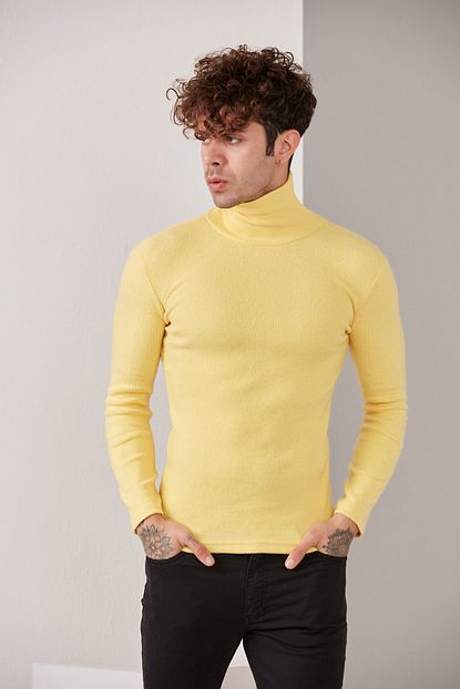 Catspy Erkek Sari Bogazli Lycra Triko Kazak Trendyol