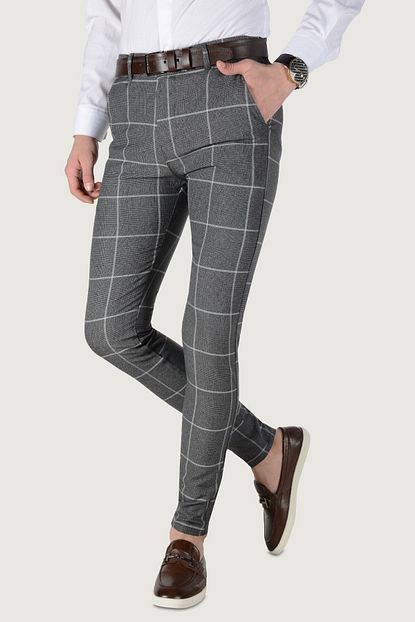 Terapi Men Erkek Ekoseli Slim Fit Keten Pantolon 20k 2200232 Fume Trendyol