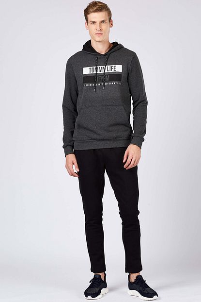 Tommy Life Denim Baskili Kapsonlu Antrasit Melanj Erkek Sweatshirt 87651 Trendyol