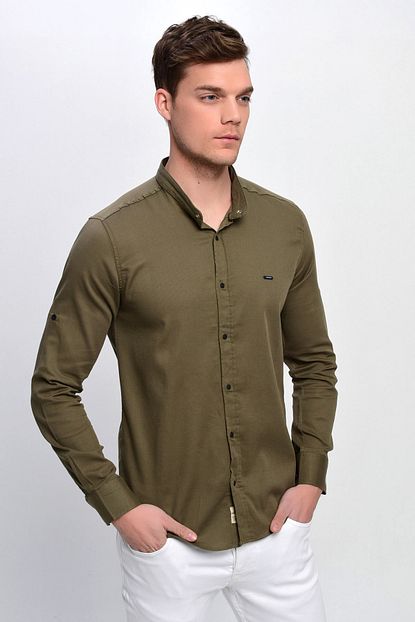 Dynamo Erkek Haki Hakim Yaka Citcitli Slim Fit Likrali Gomlek Trendyol