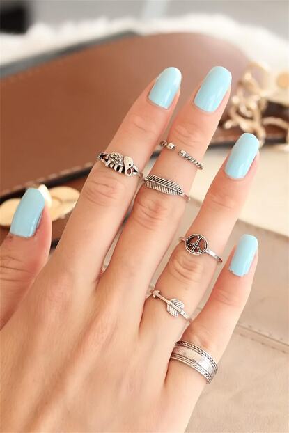 Bluavm Eskitme Silver Renk Metal Siyah Tasli Bayan Otantik Eklem Yuzuk Seti Trendyol