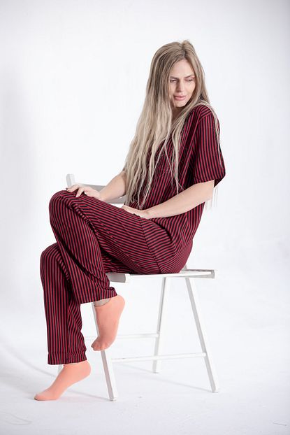 Pijama Denizi Kadin Kisa Kollu Gomlek Yaka Pijama Takimi Kirmizi Siyah Cizgili Dokuma Trendyol