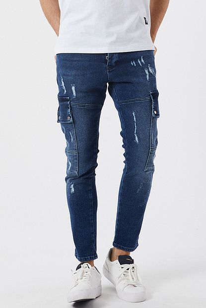 Denim Republic Erkek Mavi Yirtik Kargo Kot Pantolon Trendyol