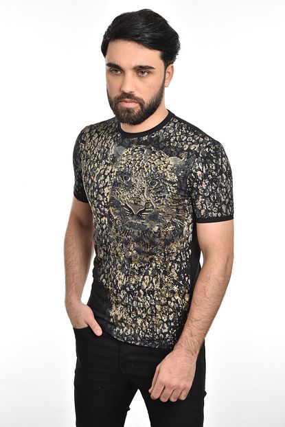 Liwali Siyah Erkek Leopar Desenli Yaldiz Baskili Dar Kesim T Shirt Tskky20000197 Trendyol