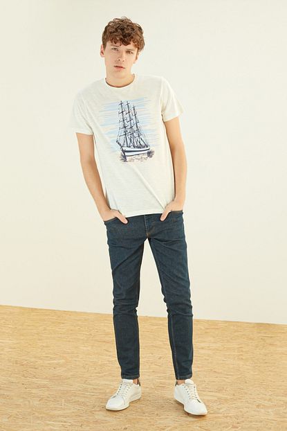 Mudo Erkek Beyaz Baskili Bisiklet Yaka Pamuk T Shirt 371504 Trendyol