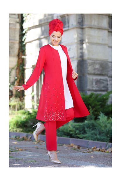 Moda Cizgi Tesettur Ceket Tunik Pantolon Kirmizi Boncuk Detay 1205 Trendyol