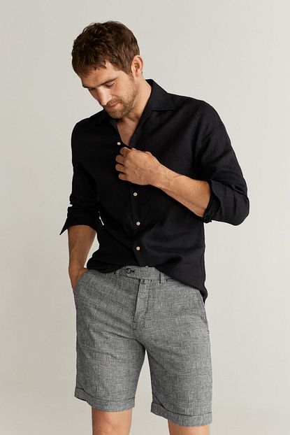Mango Man Erkek Koyu Eflatun Rengi Kareli Keten Bermuda Sort 67027877 Trendyol