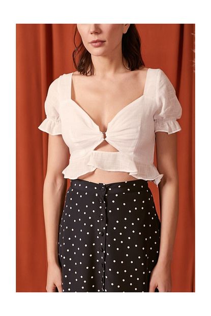 Never More Kadin Beyaz Keten Bohem Crop Top Trendyol