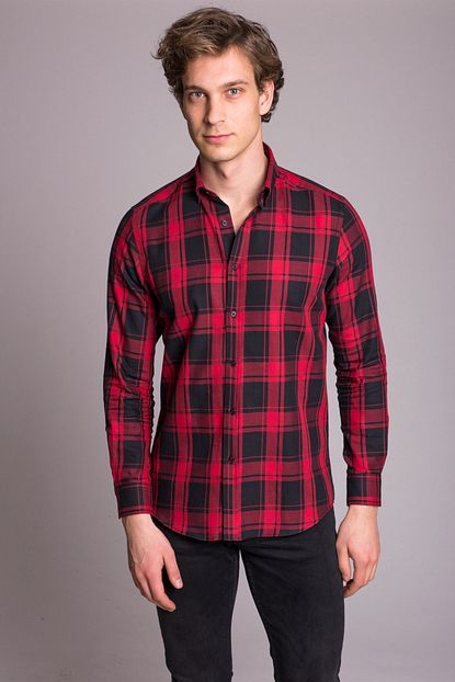 Dufy Kirmizi Kareli Pamuklu Erkek Gomlek Slim Fit Du4202011044 Trendyol