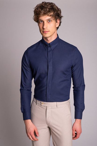 Dufy Lacivert Yaka Igneli Klasik Erkek Gomlek Slim Fit Trendyol