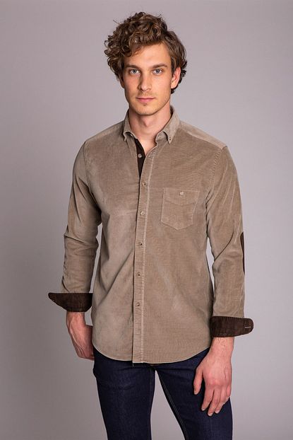 Dufy Bej Duz Kadife Dirsek Yamali Erkek Gomlek Slim Fit Trendyol