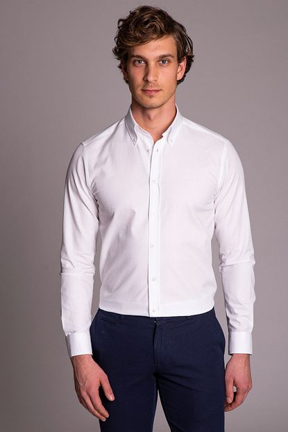 Dufy Beyaz Nokta Kabartma Desenli Klasik Erkek Gomlek Slim Fit Trendyol