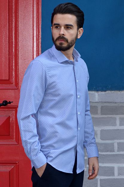 Dufy Lacivert Kare Desenli Klasik Erkek Gomlek Slim Fit Trendyol