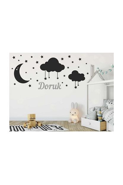 Sticker Sepetim Bebek Odasi Duvar Sticker Siyah Ay Bulut Yildizlar Ve Gri Kisiye Ozel Isim Trendyol