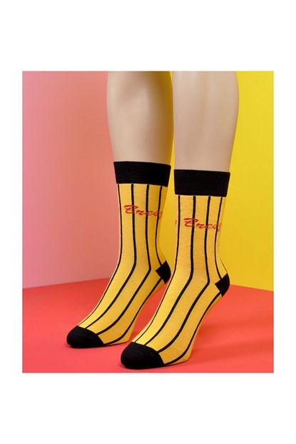 Socks Academy Unisex Sari Breezy Mottolu Siyah Cizgili Corap Trendyol