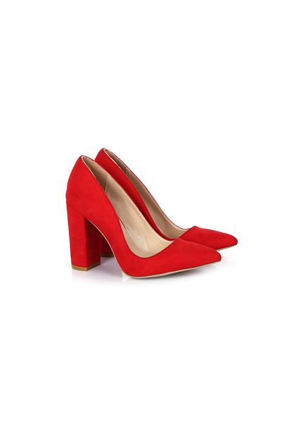 Sothe Shoes Kirmizi Suet Kadin Topuklu Ayakkabi Stiletto Kalin Topuk Trendyol