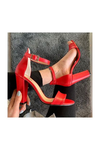 Sothe Shoes Kirmizi Deri Bayan Topuklu Ayakkabi Bantli Kalin Topuk Kadin Sandalet Ayakkabi Trendyol