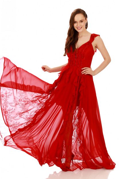 Pierre Cardin Kirmizi Sifon Volanli Dantelli Boncuk Islemeli Abiye Elbise Trendyol