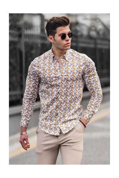 Madmext Slim Fit Beyaz Cicekli Gomlek 9212 Trendyol