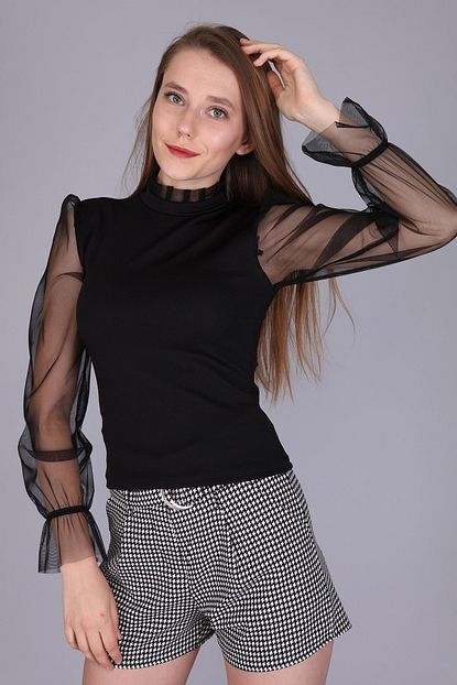 Mi So Kadin Siyah Kollari Tul Bluz M S5086blz Trendyol