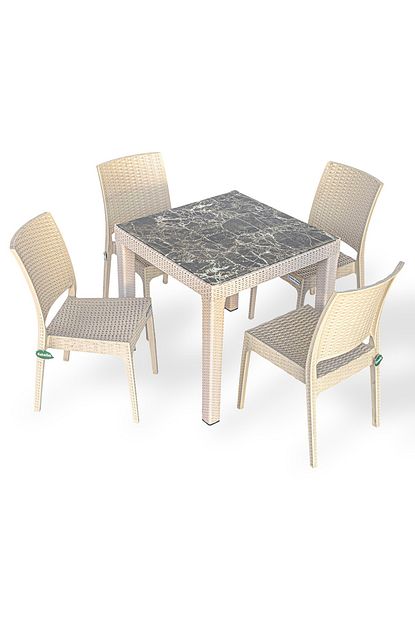 Estelia Rattan 80x80 Mermer Masa 4 Rattan Elisa Sandalye Kapucino Trendyol