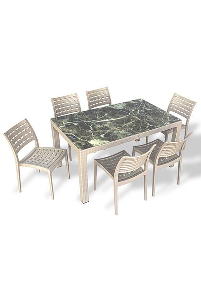 Estelia Rattan 90x150 Mermer Masa 6 Lisa Sandalye Kapucino Trendyol